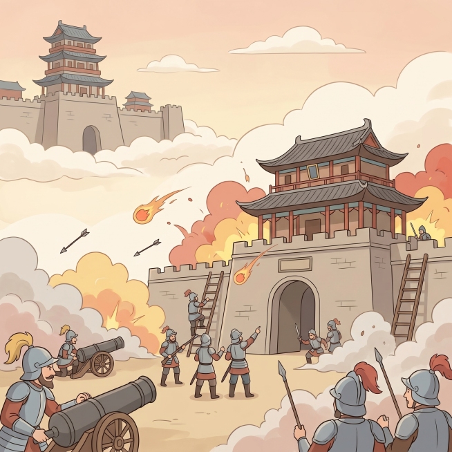 参考提供图片的扁平插画风格，创作古代神话感儿童插画，内容是欧洲人打仗进攻一座城楼，左上角远景是中式风格城楼和一截城墙，炮火连天，欧洲人正在城外对城楼发起进攻，整体色调柔和，适合儿童阅读预览效果