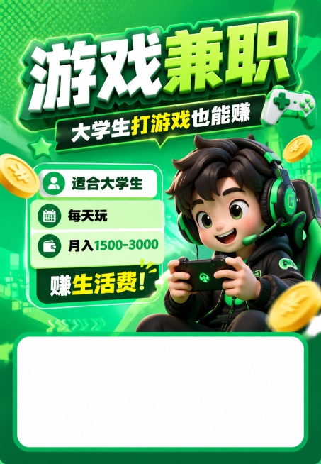 3D风格新潮设计，主色调#07C160。海报标题"游戏兼职"，副标题"大学生打游戏也能赚"，卖点"适合大学生，每天玩，月入1500-3000赚生活费"，加入Q版打游戏小人形象，左上角不需要放置logo预览效果