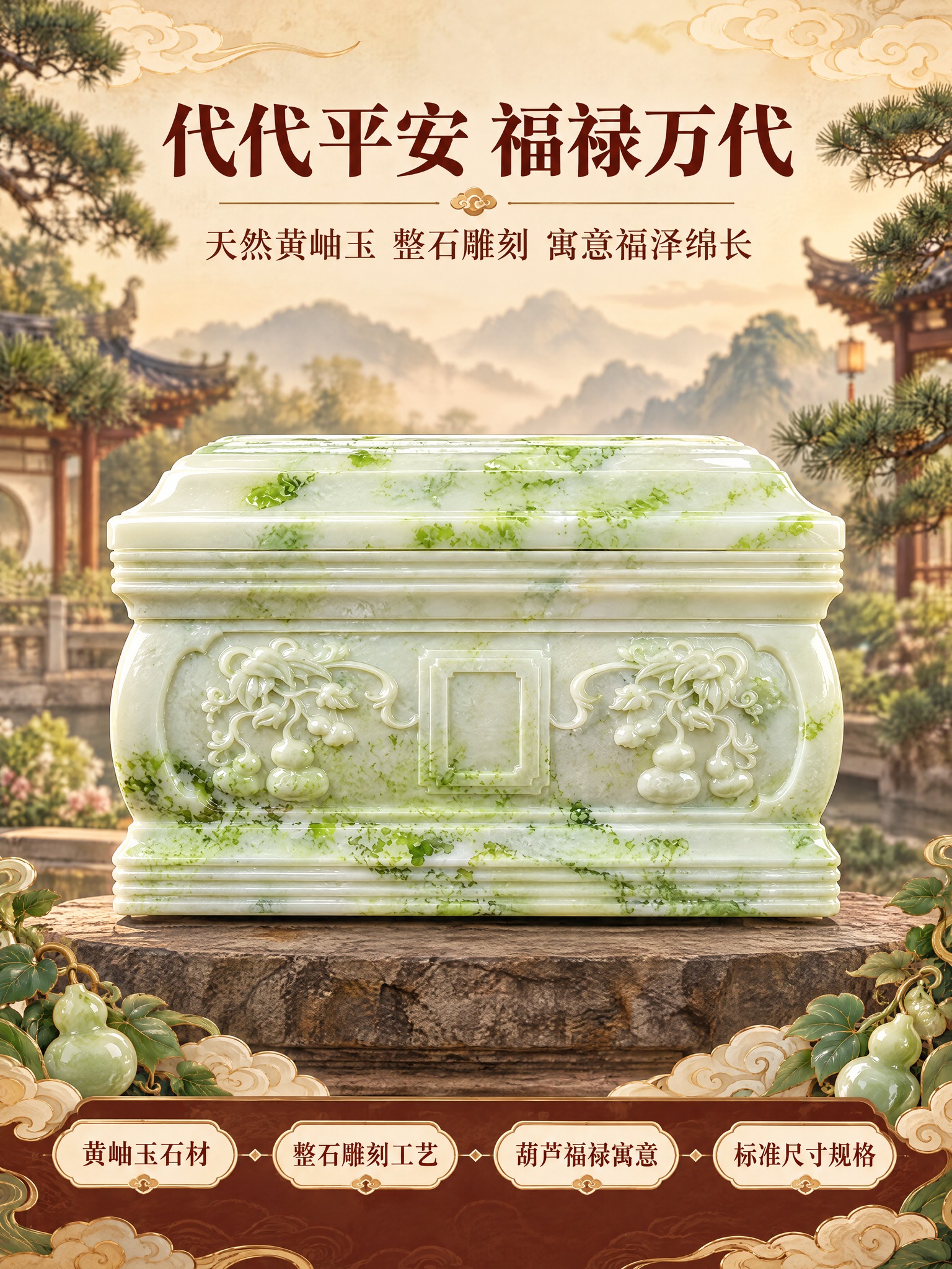[商品] 使用【图1】代代平安黄岫玉骨灰盒；保留整体长方体弧边… - 图片创意预览