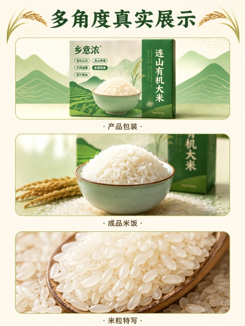 [第5屏] 产品多角度实拍展示屏。本屏使用【图1】作为商品主体，拼接多视角展示。[氛围/风格] 真实产品展示，清晰通透，商业摄影质感。[元素布局] 屏幕纵向分为三栏，每栏一个视角：第一栏包装正面整体展预览效果