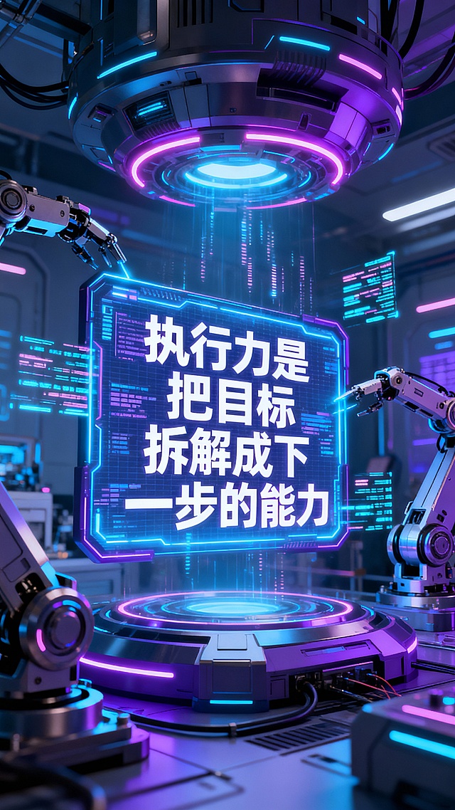 文案：执行力是把目标拆解成下一步的能力。尺寸9:16，像素1242×2208 PT。赛博朋克风，3张海报。