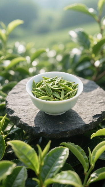 一个白色陶瓷小碗中盛满嫩绿挺直的茶叶，置于深色粗糙石质圆盘上，周围环绕新鲜翠绿的茶树叶片，柔和的晨光透过树叶洒下斑驳光影，营造清新自然的茶园氛围，浅景深特写，主体清晰背景虚化，色调以绿色为主，光影明亮柔和。预览效果