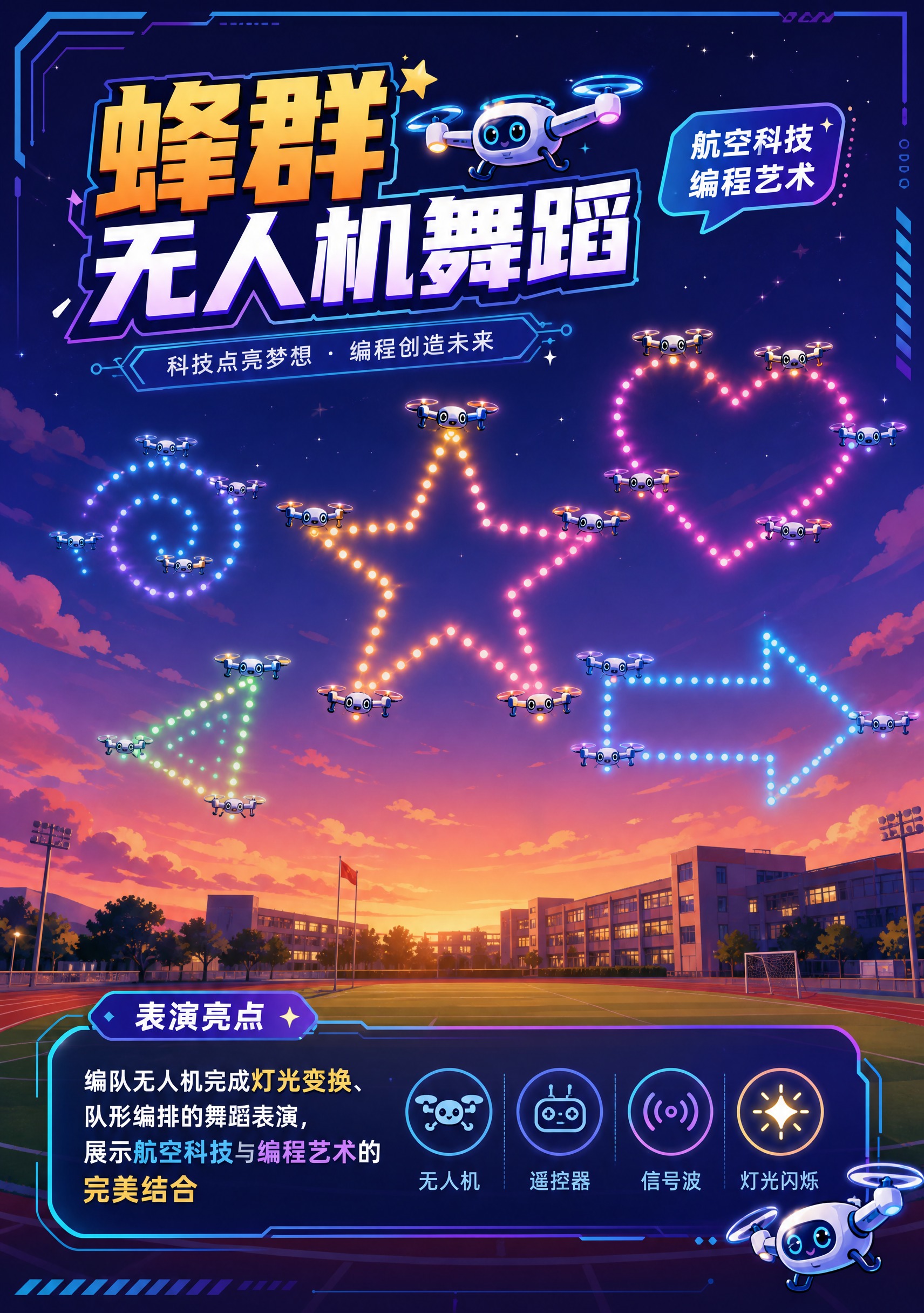 卡通科技风宣传手册内页，竖版A4比例。页面主题"蜂群无人机舞蹈… - 图片创意预览