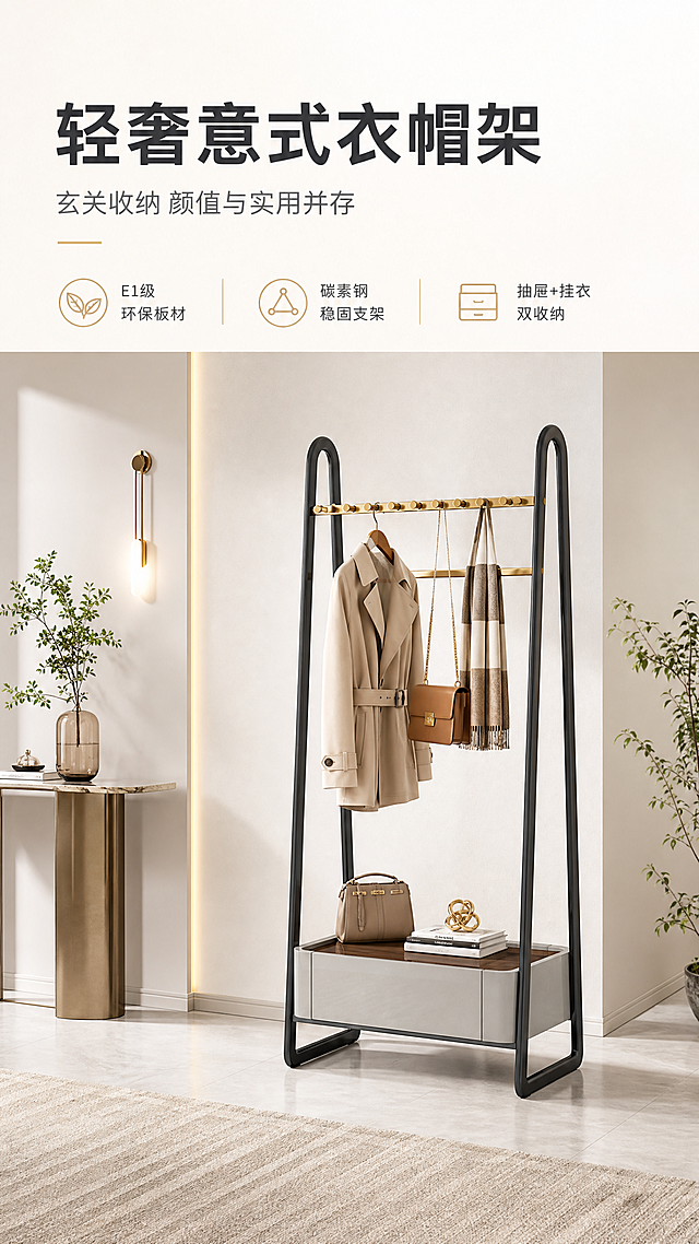 [商品] 使用【图1】DF-8816衣帽架；保留A字形黑色碳素钢支架、顶部金色挂衣杆、中部挂衣杆、底部灰色抽屉柜体的整体结构、比例和颜色；保留尤加利木皮台面纹理、亮光烤漆质感、金属支架细节；商品真实功能方向为悬挂衣物+抽屉收纳。
[画面] 目标：轻奢意式玄关场景头图，建立产品第一印象。上文下景版式，顶部约1/4亮白色文案区，下方3/4玄关生活场景；产品居中偏右，占画面约55%，正面微侧45°摆放；前景浅色地砖+地毯，中景衣帽架+玄关边几装饰，后景白墙+暖光壁灯+绿植；左侧留空放文案，阅读动线从上到下。
[视觉] 套系策略：风格=轻奢意式亮调商业家居摄影；标题字=现代无衬线粗体；正文字=简洁无衬线体；主色=暖白+浅灰；背景延展=基于暖白做深浅层级、同色渐变和细腻哑光墙面/地砖质感；强调色=香槟金，仅用于小面积图标、引线、标签和挂衣杆呼应；标题色=深炭灰；正文色=中暖灰；组件=圆角浅底信息卡、细线引线、金色点缀图标；光影=左前侧暖柔自然光，明亮通透，阴影柔和。
[文字] 顶部文案区主标题"轻奢意式衣帽架"，副标题"玄关收纳 颜值与实用并存"，下方3条亮点："E1级环保板材"、"碳素钢稳固支架"、"抽屉+挂衣双收纳"；文字横排，不遮挡产品主体，手机端清晰可读。
[规格] 图片比例9:16竖版，4K，避免变形、错字、文字过小、冷蓝/蓝灰背景、产品结构改变、缺件错件、极限词。