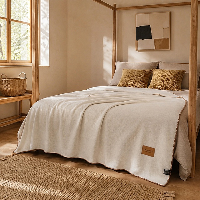 毛毯，严格参照上传产品图https://gdesign-dam-hz.dancf.com/37221835225147429/c06a538ef6dd4dbc8f91a32dadafc7cb.jpg，完整保留所有可见组件、部件、轮廓形状、结构、比例、材质质感、米白色与棕色锁边颜色与产品本体上的文字信息，与上传图完全一致。
北欧风民宿卧室，大地色系，参考https://gdesign-dam-hz.dancf.com/37220552843576436/e55630e98c424c079086f6137b2ce121.png的简约布局。
晨间自然光从左侧木窗射入，主光斜照产品，受光面泛出暖绒光泽，暗部映射浅棕阴影，自然融入空间。
中景，微侧10°视角。
场景陈列：①原木四柱架子床，亚麻燕麦色床品；②两个姜黄色针织靠枕；③床尾，手工编织地毯；④窗台下，原木长凳放着藤编筐；⑤墙面挂着一幅抽象装饰画。
配色/材质：米白/燕麦色/姜黄/原木棕，亚麻/实木/编织/藤编。
严格锁定宽高比为1:1。