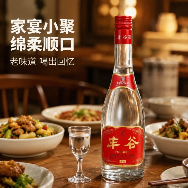 [主图-4] 丰谷优选白酒家庭用餐场景展示主图。
[氛围风格] 温馨烟火气，生活场景代入，唤起日常饮用联想。
[画质] 真实生活摄影质感，光线自然柔和，画面通透干净。
[元素] 丰谷白酒瓶放置在实木餐预览效果