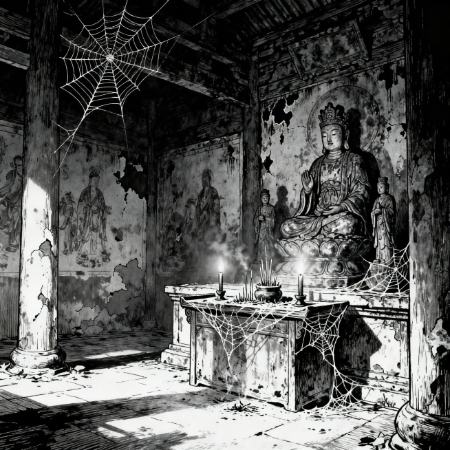 古老庙宇场景，黑白漫画线条风格，整体阴暗古风氛围，庙宇内有斑驳的神像、布满蛛网的供桌、燃尽的香烛，墙面剥落有旧壁画，光线昏暗，无任何人物预览效果