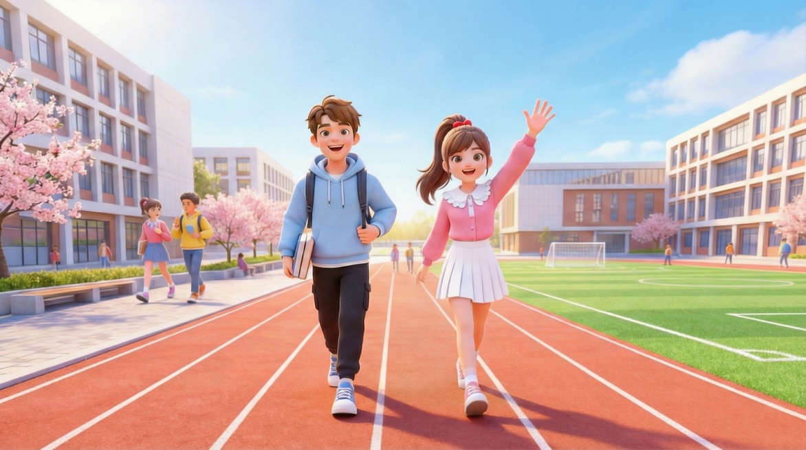 将画面中女同学的双马尾发型修改为单马尾，保持其他元素不变预览效果