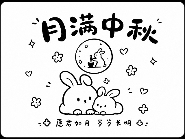 基于参考图的手绘可爱风格，设计第三款横版中秋祝福卡片。画面底色为纯白色，背景透明（PNG透明底）。整体风格为黑色手绘简笔画，圆润可爱的手写字体。画面上方主标题"月满中秋"四个大字，圆润手写体黑色填充，居中排列。标题下方画两只可爱的小兔子简笔画，一只大兔子一只小兔子，依偎在一起，都有圆圆的脸蛋和长长耳朵，表情呆萌。两只兔子中间上方画一个大大的圆月简笔画，月亮上有简单的玉兔捣药纹路。周围飘散着小桂花、小星星、小爱心装饰。画面底部祝福语"愿君如月 岁岁长明"，字体稍小居中。横版布局，25*35CM横版比例（宽高比7:5）。圆角矩形卡片。纯黑白手绘风格，温馨治愈。