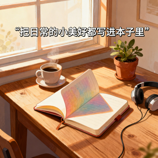 手账本使用场景图，治愈系日常场景，窗边的木质书桌上放着手账本，旁边搭配咖啡杯、耳机、小盆栽，手账本半翻开露出好看的内页，画面上方加文字「把日常的小美好都写进本子里」，整体暖调光线，氛围温馨舒适，有强烈预览效果