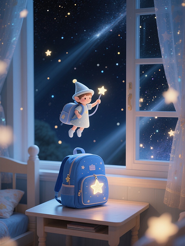 夜幕初降的儿童房窗台，蓝色星空主题书包放在小书桌上，书包上星星挂件微微发光，空中浮现一个戴着小帽子的星星精灵，轻轻托起书包带，窗外飘着点点萤光，温暖梦幻，突出陪伴与安心感，3:4竖图，柔光风格