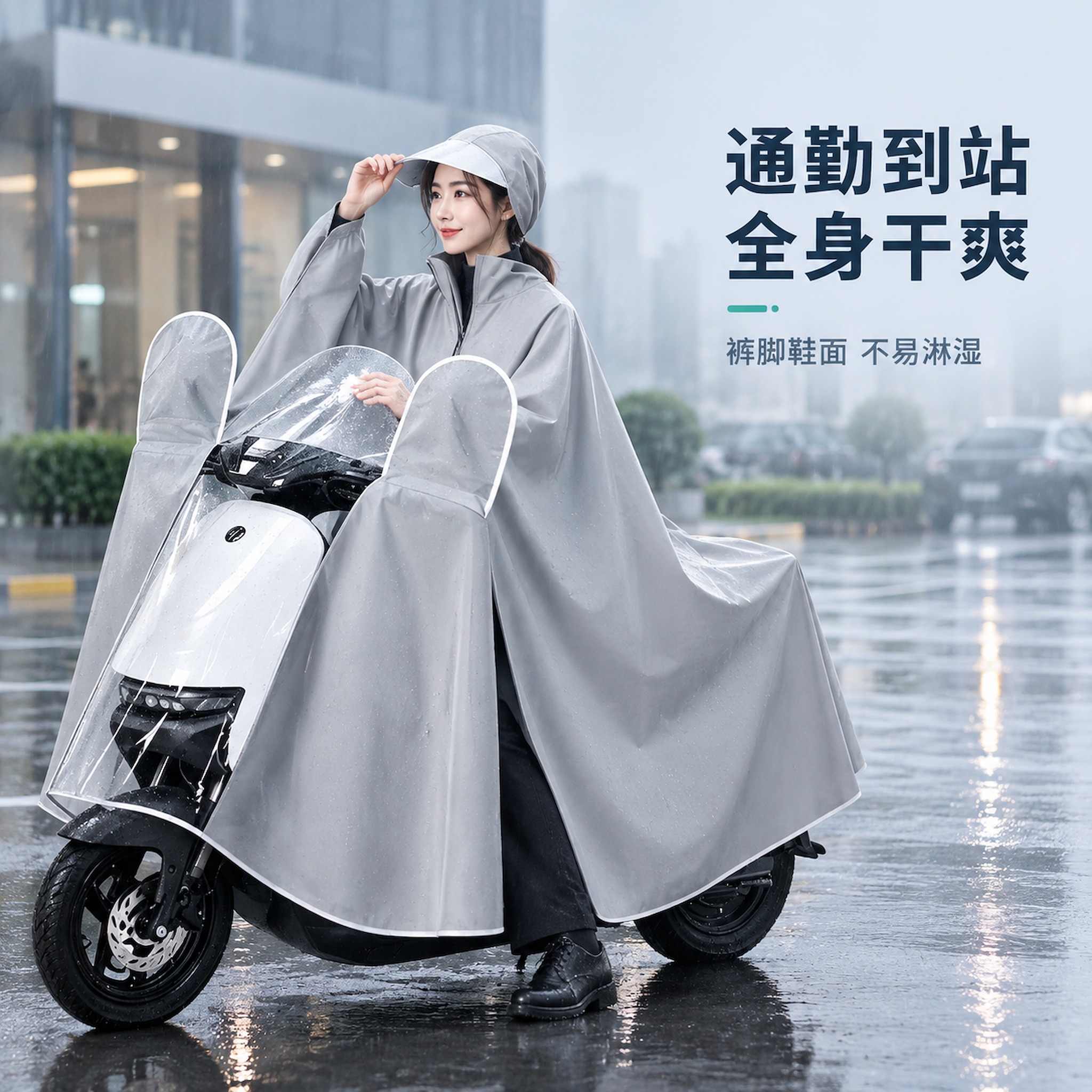 [主图-9] 加大加宽一体式电动车骑行雨衣 · 到站收整使用状… - 图片创意预览