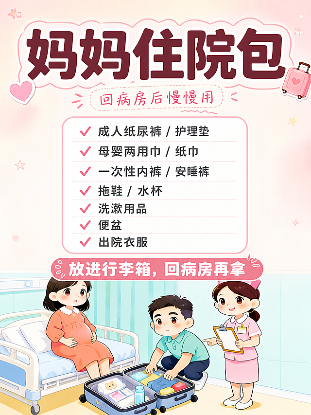 小红书笔记大字封面，配图大字，ins 清新温馨治愈风，版式精美，小红书笔记封面质感，适合信息流点击。主标题必须完整呈现且位于画面顶部，逐字锁定：「妈妈住院包」。主标题字号大而醒目，清晰可读，不得增删改字。主标题下方小标签：「回病房后慢慢用」。画面中部为清单框，清单内文字逐字锁定为：「✓ 成人纸尿裤 / 护理垫」「✓ 母婴两用巾 / 纸巾」「✓ 一次性内裤 / 安睡裤」「✓ 拖鞋 / 水杯」「✓ 洗漱用品」「✓ 便盆」「✓ 出院衣服」。画面底部总结条文字逐字锁定：「放进行李箱，回病房再拿」。背景：浅奶油色与浅粉色柔和弥散渐变，干净温馨。标题排版：主标题为扁平粗黑体，深棕色或深粉色，加浅色圆角色块底框增强对比；小标签为小号手写体粉色。清单框：白色圆角矩形清单框，浅粉色描边，每行前有粉色对勾图标，文字为深灰色易读字体。底部总结条：深粉色圆角通栏条，白字。配图：采用用户【图1】作下半部分场景底图，画面上半部分为标题与清单，整体加轻微半透明遮罩以突出文字；图中孕妇、家属、护士与行李箱插画保留温馨治愈感，位于画面下方不遮挡主标题与清单。装饰：1~2个小行李箱或爱心emoji贴纸点缀在标题旁或角落，位置克制；另加手绘细线框和小波浪线装饰，不抢主标题。整体氛围：温馨、实用、贴心照顾妈妈的住院准备清单感。画质：高清细腻，信息层级清晰，主标题与背景强对比，所有文字完整处于安全区内不可裁切，四周留安全边距。图生图：严格使用用户上传图片，【图1】= 下半部分场景配图底图，保留人物和行李箱插画元素，上半部分叠加标题与清单版式。画面比例 3:4，4K。