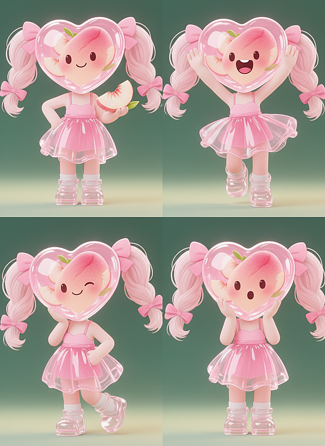 参考图片的形象做四个动态延展，四个不同动态的形象规整排布，动作灵动