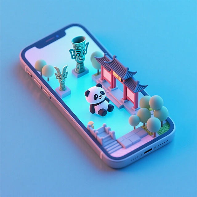 软3D风微缩艺术，熊猫与中式建筑在手机屏中萌趣互动，粘土质感融合卡通元素，展现东方美学与科技的可爱碰撞。