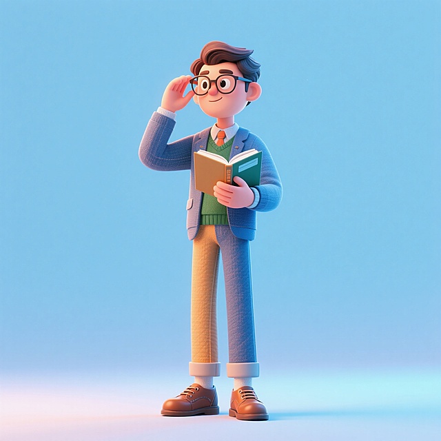 卡通感十足的软3D风设计，人物手持书本，表情生动，背景简洁清新。