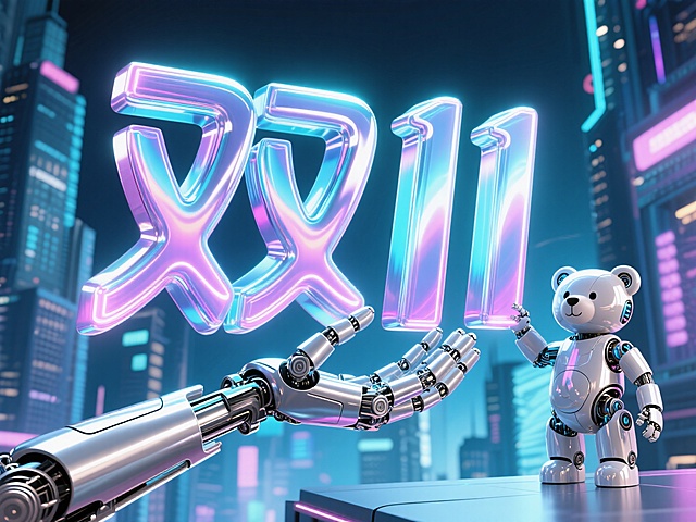 赛博朋克风3D场景，霓虹灯辉映的“双11”立体字悬浮于机械臂之上，金属质感机器人熊相伴，未来感与科技感交织，营造酷炫梦幻的虚拟现实双11购物节氛围。
