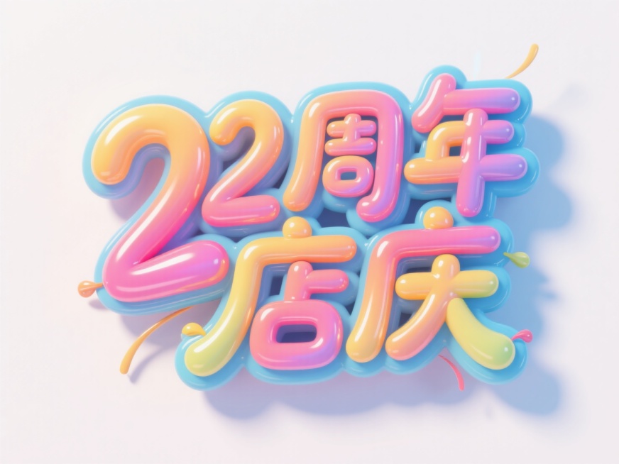 立体彩色艺术字，文字“22周年店庆”高光质感，膨胀的气球风格，粗标题，大小字排版，卡通风格，艺术构图，笔画末端延长，潮流时尚，白色背景。预览效果