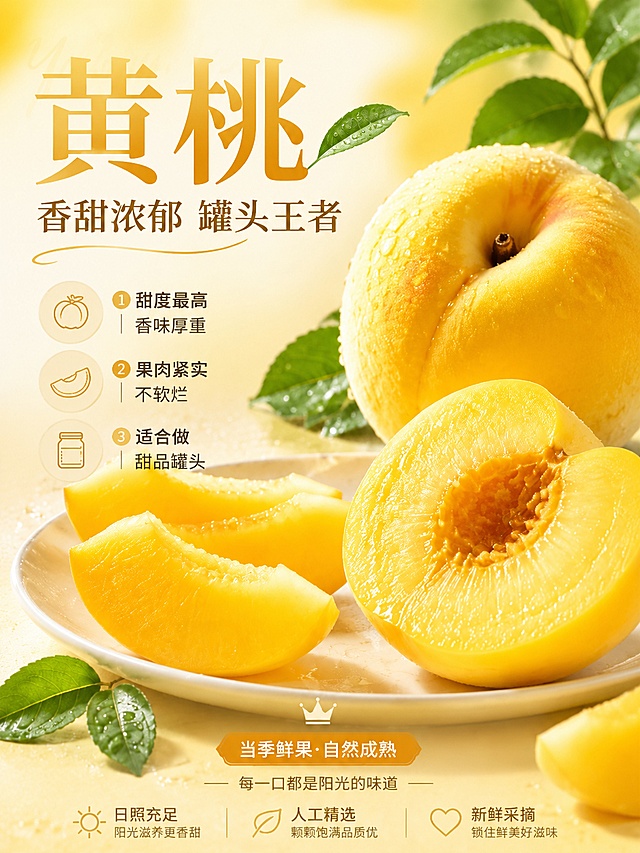 写实商业摄影风格，小红书封面尺寸3:4黄桃单品种草海报，保留原海报全部文案和构图，版式精美。主标题"黄桃"，副标题"香甜浓郁 罐头王者"，卖点：1.甜度最高 香味厚重；2.果肉紧实 不软烂；3.适合做 甜品罐头。画面中心展示新鲜完整黄桃和切片黄桃，背景是温暖淡黄色渐变，点缀新鲜绿叶和水珠，营造新鲜生鲜食欲感，信息分区清晰，文字清晰可读，整体风格清爽温暖，保留中部盘子切片展示和底部宣传信息"日照充足 阳光滋养更香甜；人工精选 颗颗饱满品质优；新鲜采摘 锁住美好滋味"，中间保留"当季鲜果·自然成熟 每一口都是阳光的味道"文案。