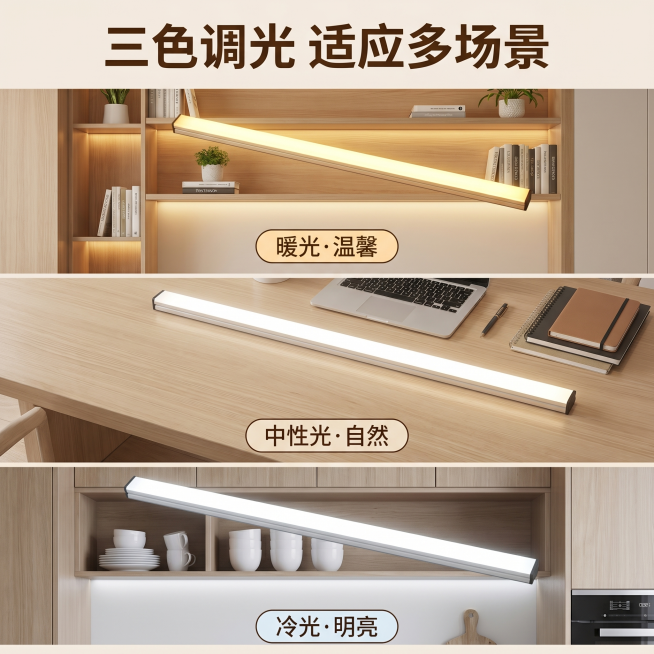 [主图 2] LED长条灯核心功能展示主图；氛围风格：现代简约温馨居家风格，和主图1统一背景风格；画质：商业摄影质感、光线柔和通透、产品清晰真实、画面干净高级；元素：保持LED长条灯外观与输入图片保持预览效果