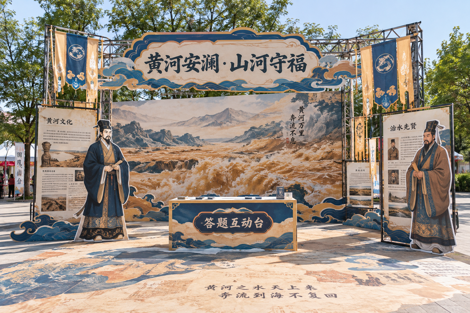 第二站黄河安澜打卡点美陈效果图，古风沉浸式游园会风格，桁架搭建… - 图片创意预览