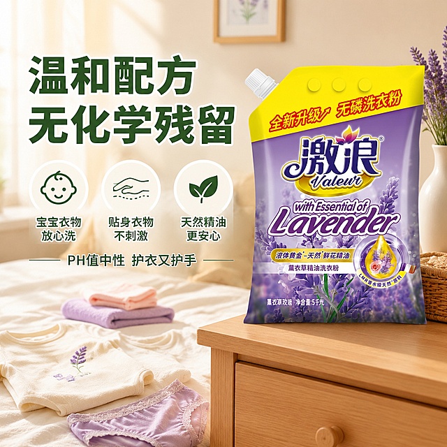 电商主图第四张，温和配方安全安心图。背景为温馨柔和的浅米色家居场景，床上放着婴儿衣物、贴身内衣、毛巾等柔软织物，阳光温暖。产品袋放在右侧木质梳妆台上，占画面约45%，保持产品外观与输入图完全一致。左侧大标题"温和配方 无化学残留"，深绿色粗体大字。标题下方三个圆形图标横向排列：第一个婴儿图标"宝宝衣物放心洗"，第二个皮肤图标"贴身衣物不刺激"，第三个绿叶图标"天然精油更安心"。底部有一行小字"PH值中性 护衣又护手"。整体温暖安心的家庭氛围，米绿紫柔和配色，传递安全温和感。商业摄影质感，暖光柔和温馨。1:1比例，文字清晰，超高清。禁止变形、文字错乱、水印、平台logo。