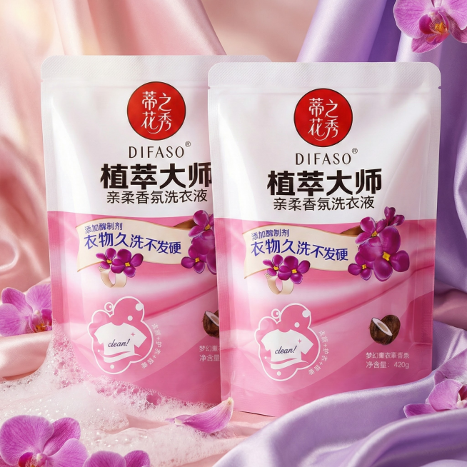 我是网店卖家，产品是我是网店卖家，产品是老品牌国货,蒂花之秀驰名商品袋装洗衣液，洗衣洁净，香味持久，根据你的经验帮我生成一个电商主图，提升一些洗衣液主体质感，切记不要出现网络违禁词,略微提升质感包装袋预览效果