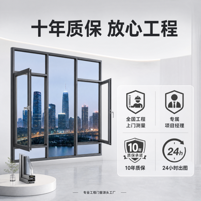 [主图-5] 70极窄断桥平开窗服务与售后背书。
[氛围风格] 正规可信，专业服务感；
[画质] 高清商业摄影，干净清晰。
[元素] 保持原产品外观材质一致，产品整体图放置在画面左上，右下区域展示服务预览效果