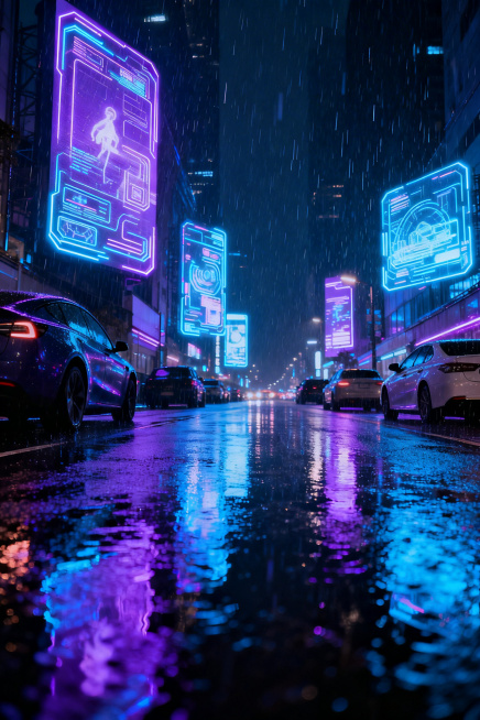 雨夜的未来都市街头，潮湿地面反射着霓虹灯的流光，赛博朋克风格，街道两旁是发光的全息广告牌，空中飘着细雨，车辆穿梭，光影交错，充满科技感与迷幻氛围预览效果