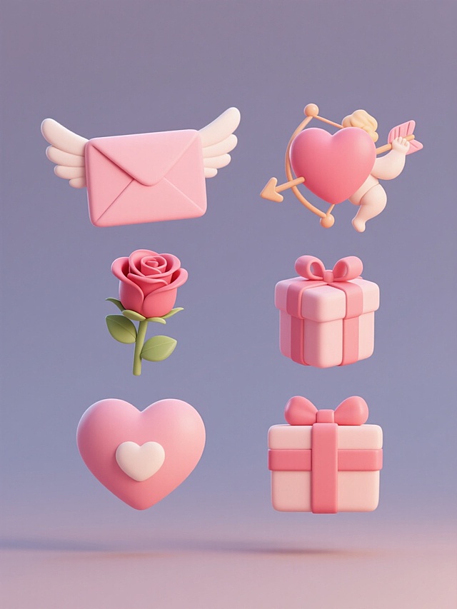 6个不同样式的情人节主题3D立体元素，包括带翅膀的粉色信封、爱心、丘比特之箭、玫瑰花、礼盒、丝带蝴蝶结，每个元素拥有独特配色，整体呈现柔和哑光质感与圆润边角，统一采用纯色背景，元素排列整齐形成对称布局，光影柔和，高光细腻，营造出可爱温馨的节日氛围。