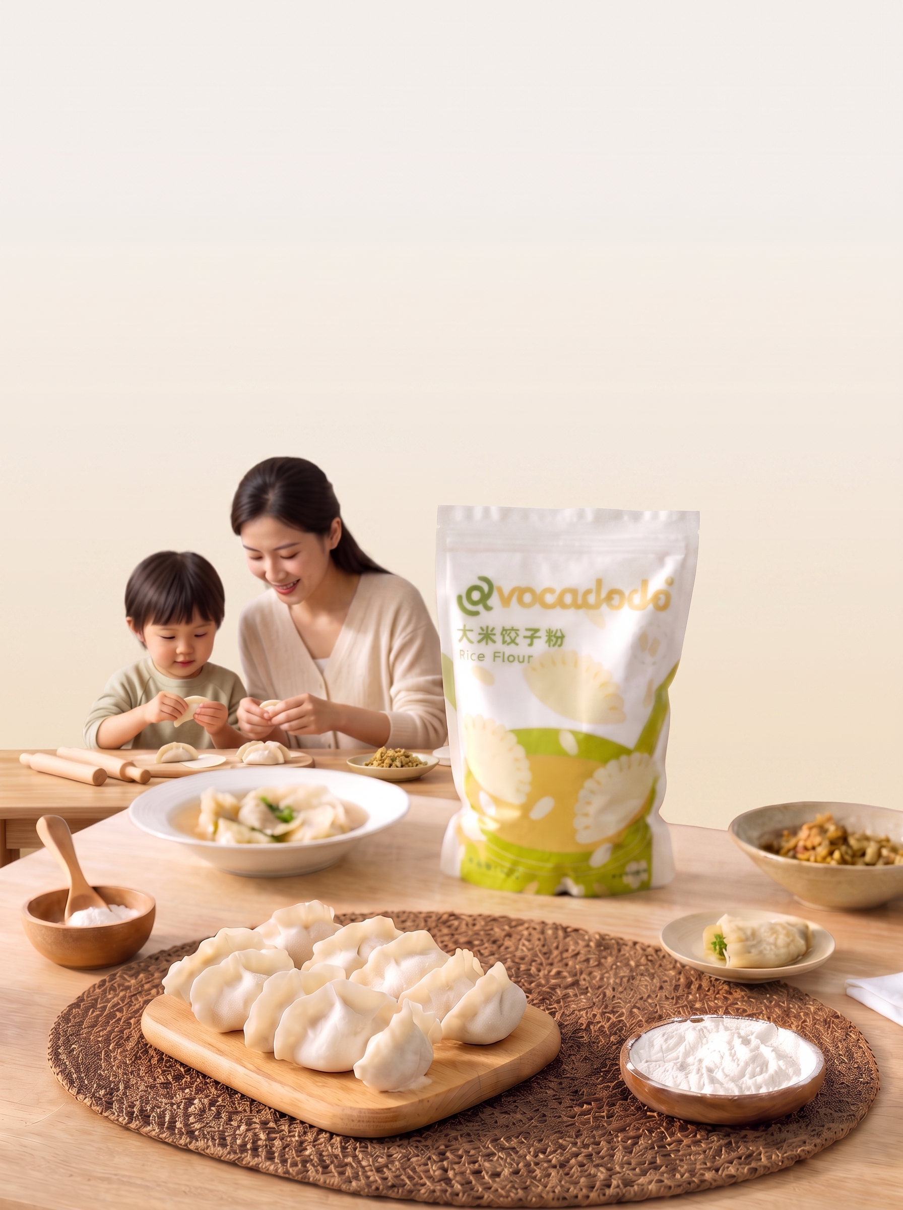 保留前景所有饺子、面粉、包装袋、妈妈和孩子包饺子的人物及桌面内… - 图片创意预览