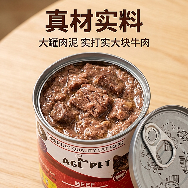[主图 2] 核心亮点展示，真材实料特写。[氛围风格] 拼多多风格，清晰直观突出品质。[画质] 商业摄影质感、光线柔和通透、产品清晰真实、画面干净高级。[元素] 特写打开的猫罐头，完整展示罐内饱满牛肉大肉泥，肉泥纹理清晰可见，肉质纹理真实细腻，空罐头放在旁边，产品放在干净浅棕木纹桌面上。保持产品外观（物理结构、材质质感、颜色）与输入产品图绝对一致，杜绝任何变形和色差，精细化处理。商品主体占比严格控制在65%左右，画面满屏无边框。[光影] 自然侧光，突出肉泥的纹理和质感，高光柔和，阴影通透，强化食欲感。[配色] 主色调为肉泥的深棕色和罐头的红色，背景浅木色衬托，对比清晰。[视角构图] 平视特写视角，聚焦打开的罐头和内容物，景深较浅突出主体。[文字版式] 顶部大字写“真材实料”，深棕色加粗，下方小字写“大罐肉泥 实打实大块牛肉”，保持对比。[比例分辨率] 1:1 比例，2k分辨率；文字清晰锐利，画面超高清。[负向提示词] 变形，水印，文字错乱，产品图模糊，背景杂乱，遮挡主体，色差严重，合成虚假肉泥。