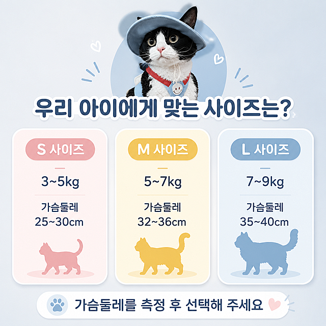 [第7屏] 产品规格屏-S/M/L三码尺码选购指南。本屏使用【图1】作为产品外观参考。
[氛围/风格] 韩国ins简约信息卡风格，圆角软排版，清晰易读，可爱不生硬。
[元素布局] 画面顶部有一个穿着全套装备的小猫头像装饰；中间是三个圆角尺码卡片横向排列，分别是S、M、L码；每个卡片内有尺码名称、适用体重、胸围尺寸，还有一个可爱的小动物剪影图标（S码小猫、M码中型猫/小狗、L码大猫/小狗）；底部有选购建议提示条；背景为浅蓝灰色渐变，柔和干净。
[光影质感] 均匀柔光，卡片有轻微投影增加层次感，整体明亮清晰，信息易读。
[配色色系] 全局底色 #EEF2F6 浅灰蓝色；主色雾霾蓝 #8FB8D9；S码卡片浅粉 #FCE4E4，M码卡片浅黄 #FFF4D6，L码卡片浅蓝 #D6E8F5；文字深灰蓝色。
[视角构图] 正面平视，三码横向对比布局，阅读动线从顶部标题 → 三个尺码卡片从左到右 → 底部选购建议。
[文字版式] 全部使用韩文，清晰韩系无衬线字体。顶部主标题「우리 아이에게 맞는 사이즈는?」；S码卡片「S 사이즈」「3~5kg」「가슴둘레 25~30cm」配小猫图标；M码卡片「M 사이즈」「5~7kg」「가슴둘레 32~36cm」配中猫图标；L码卡片「L 사이즈」「7~9kg」「가슴둘레 35~40cm」配大猫图标；底部提示条「가슴둘레를 측정 후 선택해 주세요」。
[比例分辨率] 1:1 正方形比例，4K 分辨率，文字清晰可辨，高清画质。
[负向提示词] 变形，水印，文字错乱，文字过小，数字错误，颜色偏差，背景杂乱，中文字符