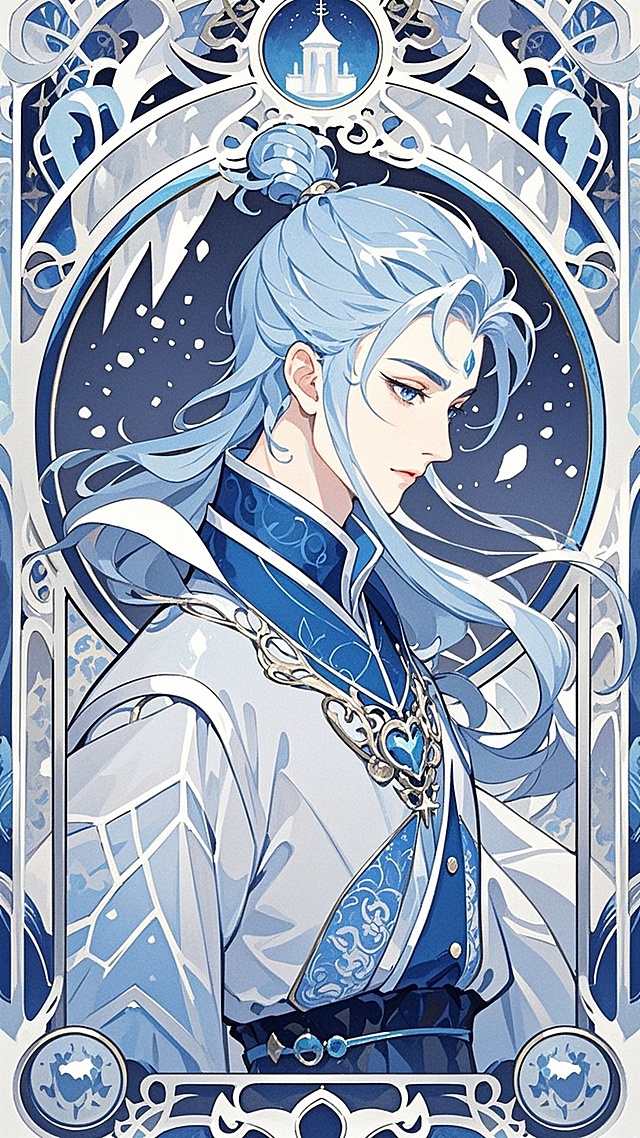 梦幻感与唯美感交织的插画风人物，蓝银相间的古典服饰搭配浮雕纹样边框，玻璃画质感中透出神秘而神圣的静谧气息，宛如冰雪中的优雅仙者。