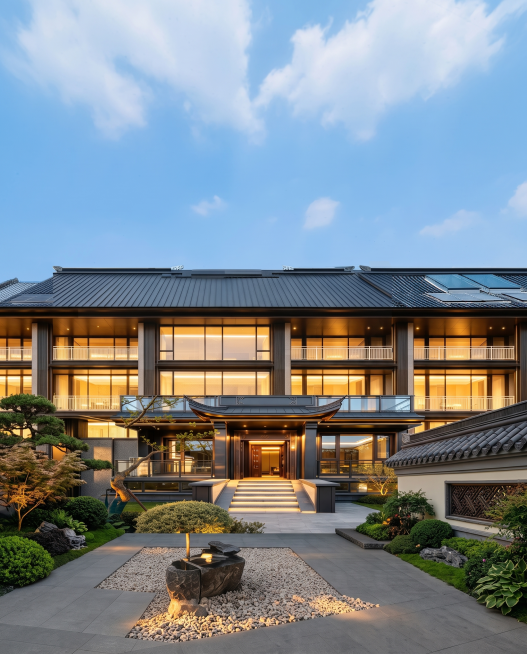 完成画面修复，统一建筑风格，修正透视关系，调整植物布局使其合理，将门窗墙线调整为垂直水平对齐，最终生成一幅完整的高品质建筑外立面效果图，达到建筑大师和景观大师的设计水准预览效果