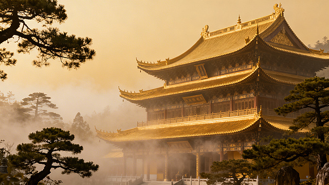 寺庙宣传简介背景图，宁静古朴的中式佛教寺庙场景，飞檐翘角的古建筑，晨雾缭绕，苍松翠柏环绕，禅意氛围感，暖金色调，庄严清净，适合做文字简介背景，禅意留白布局