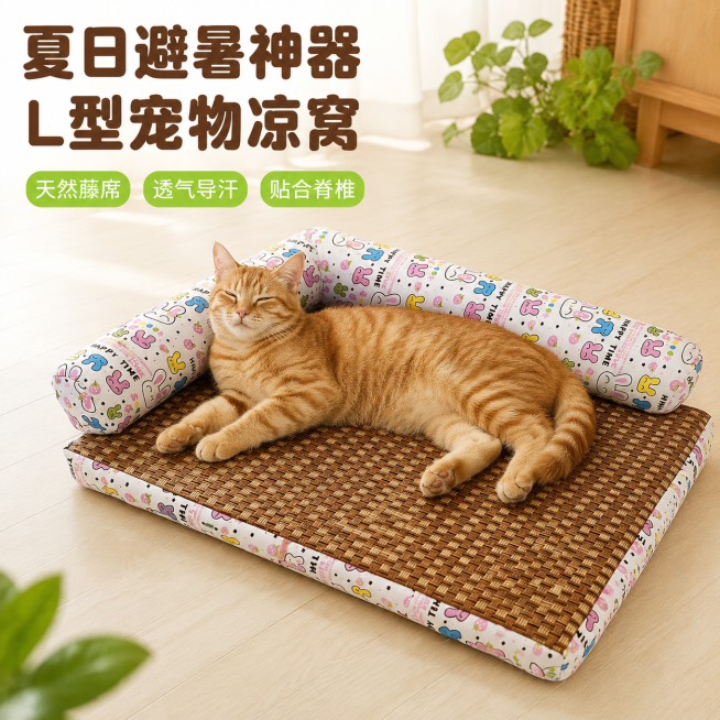 「图片1」，生成一套主图（5张），商品名称夏季 L 型靠背宠物凉窝 天然藤席狗窝 可拆洗防滑中小型犬猫咪凉垫，卖点是夏日刚需｜L 型靠背藤席宠物窝，毛孩子避暑神器 专为怕热猫狗设计 L 型直角靠背窝，预览效果