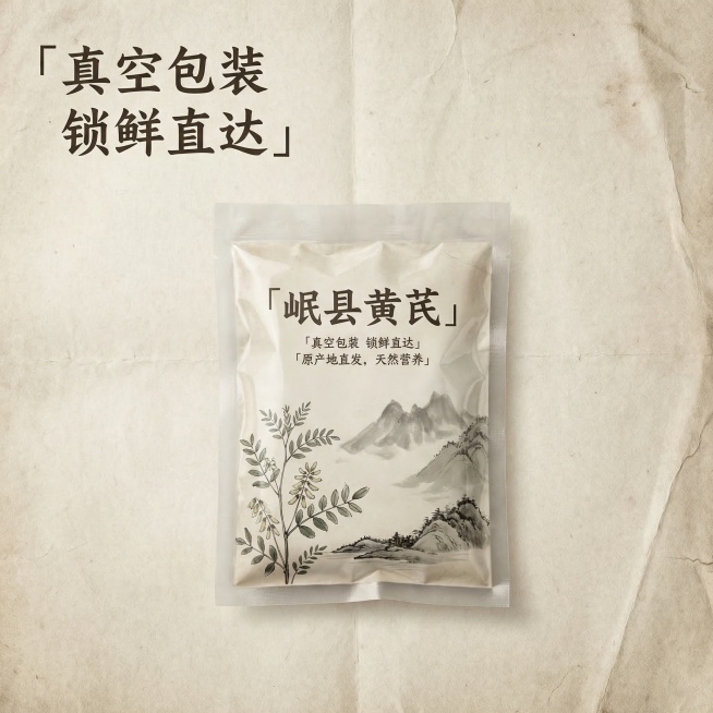 [包装展示页] 岷县黄芪电商真空包装袋，放在浅米色宣纸背景上，包装袋设计简约国风，印有产品图案，左上角标注「真空包装 锁鲜直达」，保留参考图古香古色风格，产品清晰居中展示，画面中完整文案添加双引号预览效果
