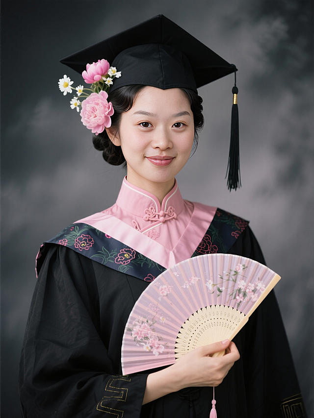 女生证件照，民国发型，穿黑色学士袍戴黑色学士帽，头发上戴粉色芍药花和白色小花，手执折扇，学士帽流苏，领口有粉色复古花纹，内衬是粉色旗袍，黑灰色朦胧背景，看镜头。