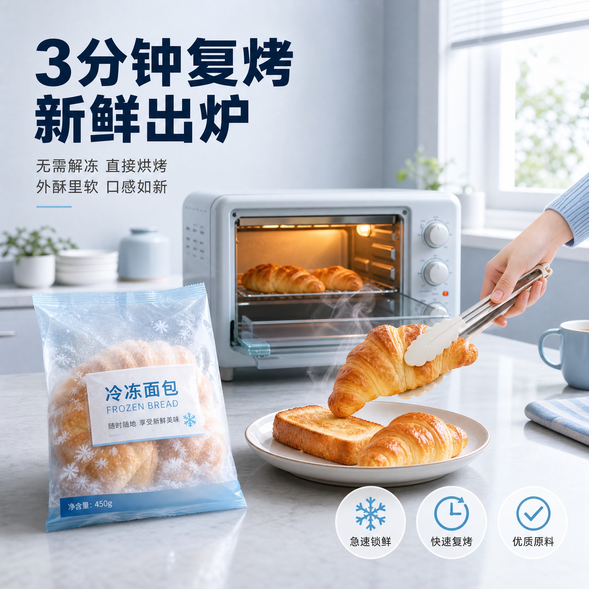 [主图-3 冷冻面包复烤场景] 主题：方便复烤 3分钟享用 家… - 图片创意预览