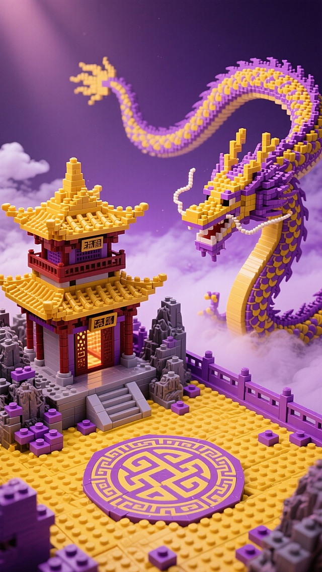 像素风中式建筑与飞龙，梦幻微缩艺术，超现实主义风格，节日氛围浓厚。