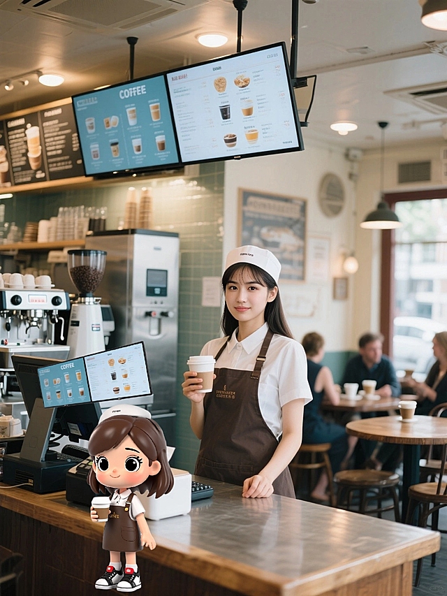 现代感咖啡店，清新舒适实景，卡通拟人风角色增添趣味。