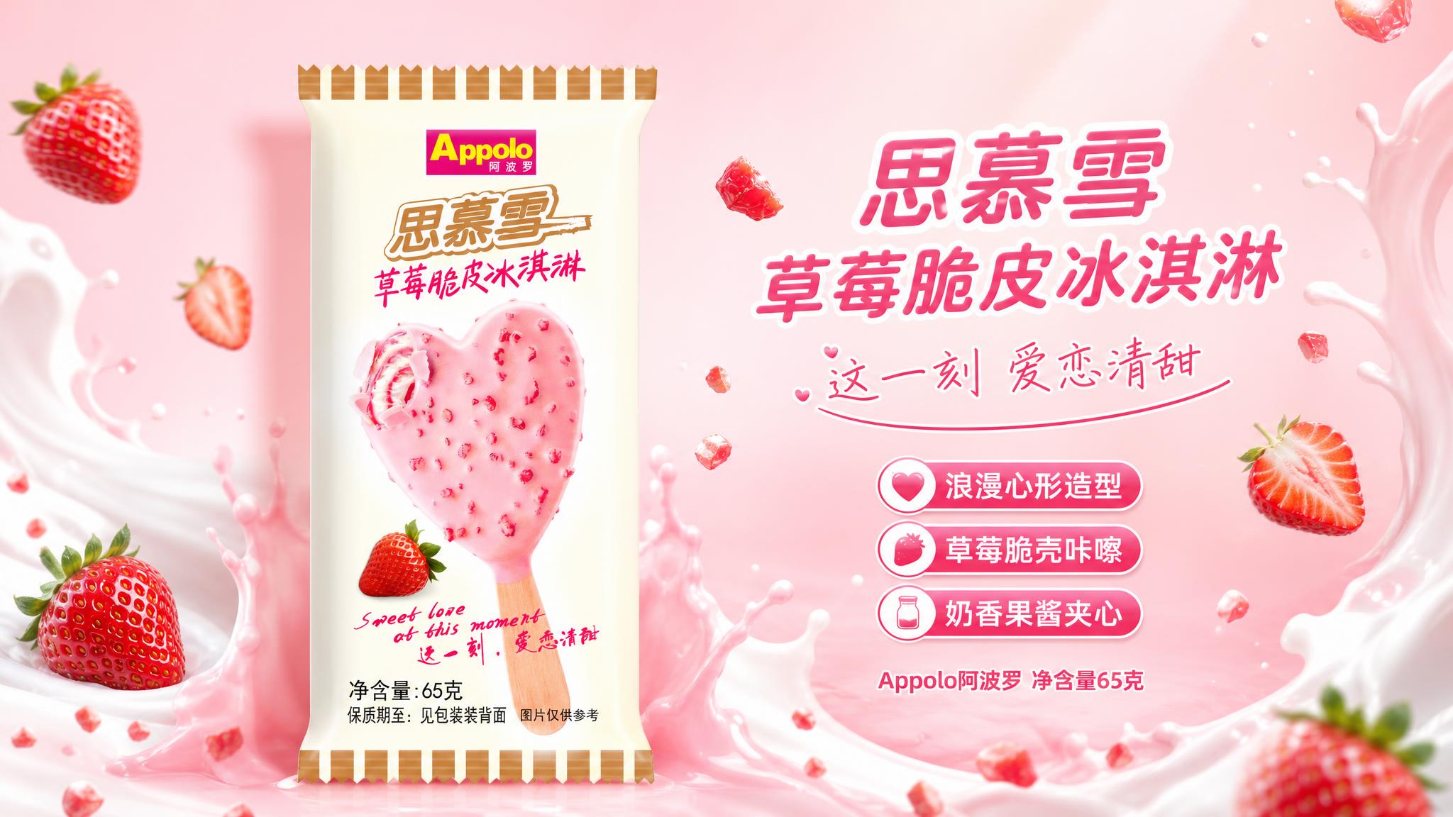 商业食品海报，横版16:9。画面主体为思慕雪草莓脆皮冰淇淋包装… - 图片创意预览