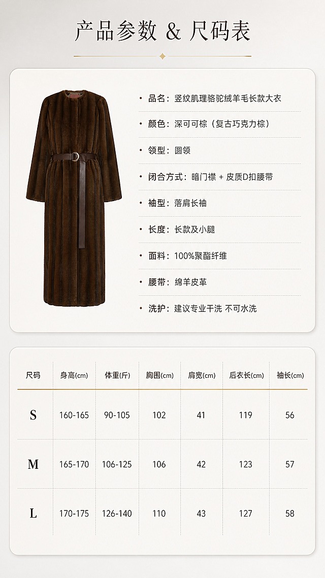[商品] 使用【图4】平铺大衣小图作为产品示意图；商品处理：保留深可可棕竖纹肌理长款大衣整体轮廓，缩小作为参数页产品示意，不改变颜色与结构。
[画面] 目标：产品参数+尺码表信息页，清晰展示规格与尺码数据。构图：上半部分产品参数占40%，下半部分尺码表占60%。景别：信息图表页。阅读动线：顶部标题→产品参数列表→尺码表格。前中后景：前景文字信息表格、中景浅米色卡片底、背景浅灰渐变。左侧放缩小的大衣平铺图作为产品示意，右侧为参数文字。底部为完整尺码表格。
[视觉] 套系策略：风格=Quiet Luxury静奢老钱风极简商业棚拍；标题字=现代衬线体细字重；正文字=简洁无衬线体；主色=深可可棕；背景延展=浅灰到米白渐变背景，极简信息卡风格；强调色=哑光金，仅用于表头分隔线与重点标注；标题色=深可可棕；正文色=深灰；组件=细线表格、圆角信息卡、极简分隔线；光影=纯平面信息页风格，无光影，清晰易读。
[文字] 顶部主标题："产品参数 & 尺码表"。上半部分参数列表："品名：竖纹肌理骆驼绒羊毛长款大衣""颜色：深可可棕（复古巧克力棕）""领型：圆领""闭合方式：暗门襟 + 皮质D扣腰带""袖型：落肩长袖""长度：长款及小腿""面料：100%聚酯纤维""腰带：绵羊皮革""洗护：建议专业干洗 不可水洗"。下半部分尺码表，表头横向排列：尺码 / 身高(cm) / 体重(斤) / 胸围(cm) / 肩宽(cm) / 后衣长(cm) / 袖长(cm)。三行数据：S / 160-165 / 90-105 / 102 / 41 / 119 / 56；M / 165-170 / 106-125 / 106 / 42 / 123 / 57；L / 170-175 / 126-140 / 110 / 43 / 127 / 58。表格线条清晰，数字准确，手机端可读。
[规格] 图片比例9:16竖版，4K，所有文字表格仅横向排列；负向提示：避免变形、错字、文字过小、数字错误、表格模糊、冷蓝/蓝灰背景、高饱和、杂乱装饰、竖排文字。