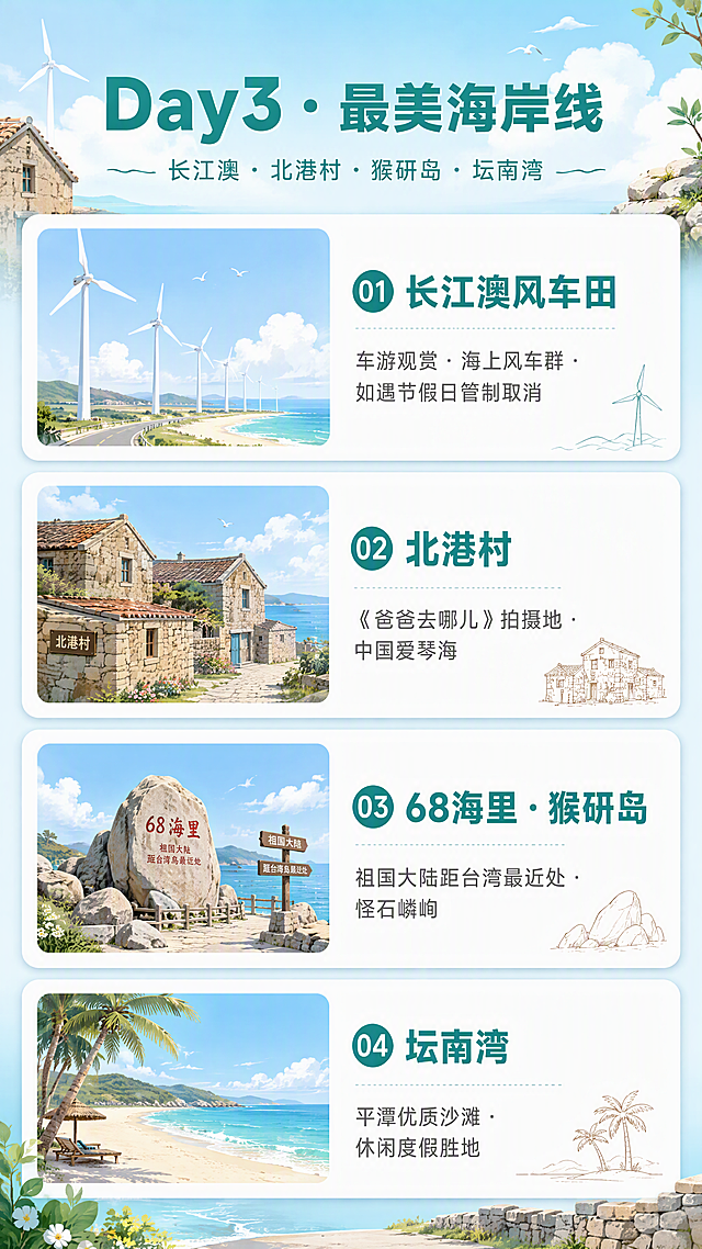 [第5张] Day3长江澳+北港村+猴研岛+坛南湾景点详情页。
[氛围/风格] 清新文艺海岛风，石头厝+风车+滨海岩石景观元素，旅行详情页质感。
[元素布局] 画面采用横向三段式滚动卡片设计，从上到下依次展示4个景点；顶部为标题横幅，背景是淡蓝色天空+白色云朵渐变；每个景点为一个横向长条卡片，左侧配景点代表性插画图标，右侧是景点名称和亮点描述。整体穿插石头厝、风车、岩石、沙滩等元素装饰。
[光影质感] 柔和均匀自然光感，卡片有轻微投影层次，整体明亮清新。
[配色色系] 全局底色浅蓝渐变#F0F8FF→#E1F5FE；主色蓝绿色#00897B；辅助色暖棕色#8D6E63（石头厝色）+白色卡片；文字深灰为主，标题蓝绿色。
[视角构图] 垂直列表式构图，从上到下依次浏览，每个景点卡片等高，阅读流畅。
[文字版式] 顶部主标题「Day3 · 最美海岸线」，粗黑体蓝绿色；副标题「长江澳·北港村·猴研岛·坛南湾」。四个景点卡片：①「长江澳风车田」配一排白色风车插画+「车游观赏·海上风车群·如遇节假日管制取消」；②「北港村」配石头厝房子插画+「《爸爸去哪儿》拍摄地·中国爱琴海」；③「68海里·猴研岛」配岩石地标插画+「祖国大陆距台湾最近处·怪石嶙峋」；④「坛南湾」配沙滩椰树插画+「平潭优质沙滩·休闲度假胜地」。每个卡片左侧图标约占卡片宽度1/4，右侧文字占3/4。
[比例分辨率] 9:16竖版比例，4K分辨率，文字清晰可辨，高清画质。
[负向提示词] 文字错乱，图标模糊，卡片变形，水印，颜色偏差，画面杂乱。