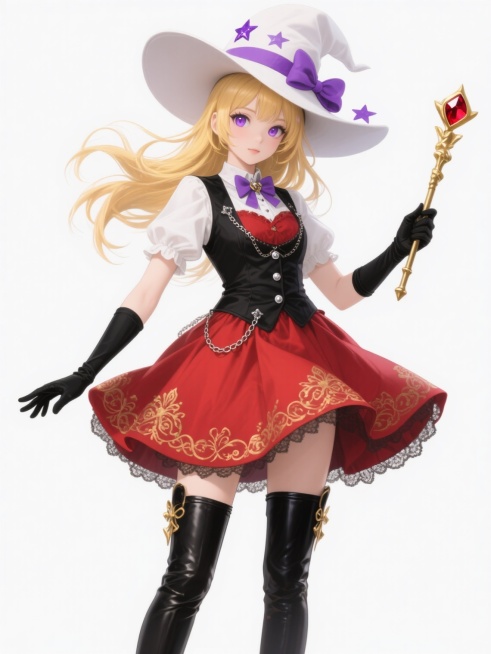 一个金发紫眸的魔法少女，她戴着一顶宽大的白色礼帽，帽檐上装饰着紫色的蝴蝶结和星星。她穿着一件红色的连衣裙，裙摆上有金色的花纹和蕾丝边，外面套着一件黑色的马甲，马甲上有银色的纽扣和链条。她的手上戴着黑色的手套，左手拿着一根金色的魔法杖，杖头是一个红色的宝石。她的头发被风吹起，飘逸的发丝在空中飞舞。她的脚上穿着一双黑色的长筒靴，靴子上有金色的装饰。她的表情自信而优雅，背景是纯白色的。预览效果