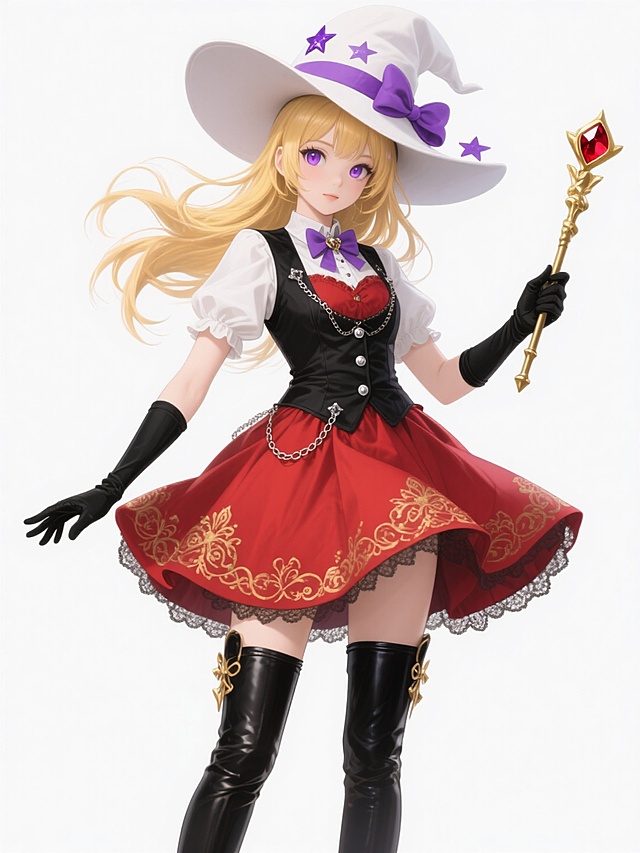 一个金发紫眸的魔法少女，她戴着一顶宽大的白色礼帽，帽檐上装饰着紫色的蝴蝶结和星星。她穿着一件红色的连衣裙，裙摆上有金色的花纹和蕾丝边，外面套着一件黑色的马甲，马甲上有银色的纽扣和链条。她的手上戴着黑色的手套，左手拿着一根金色的魔法杖，杖头是一个红色的宝石。她的头发被风吹起，飘逸的发丝在空中飞舞。她的脚上穿着一双黑色的长筒靴，靴子上有金色的装饰。她的表情自信而优雅，背景是纯白色的。