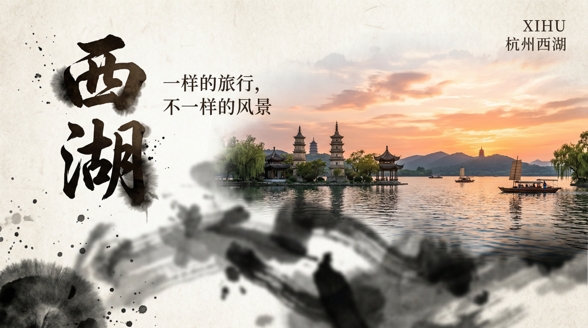 复古中国风西湖旅游介绍海报，左侧黄金分割点是书法字体的“西湖”，带有水墨渗透效果，右侧紧邻副标题“一样的旅行，不一样的风景”，右上角是较小字体的英文“XIHU”与“杭州西湖”，文字区域周围大量留白。前预览效果