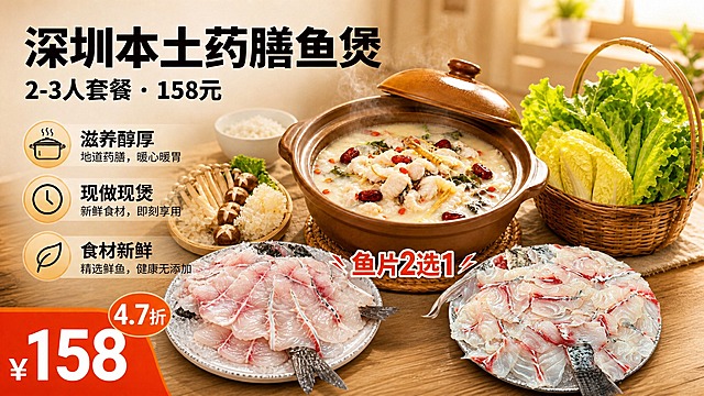 基于上一张药膳鱼煲套餐头图修改：1. 删除图片最下方米色横条的"套餐包含：药膳鱼煲(1份)、菌菇拼盘(1份)、山泉水米饭(1份)"整行文字及米色横条，底部改为与背景一致的暖色调桌面；2. 在画面中增加两盘鲜切鱼片，一盘为云南生斑鱼（参考第二张图样式），一盘为脆非鱼（参考第三张图样式），两盘鱼片分别放置在药膳鱼煲前方左右两侧，摆盘精致真实；3. 在两盘鱼片中间上方添加醒目标注文字"鱼片2选1"，字体清晰醒目；4. 其余所有元素（标题"深圳本土药膳鱼煲"、副标题"2-3人套餐·158元"、三个卖点图标及文字、左下角价格"4.7折 ¥158"、蔬菜拼盘、菌菇拼盘、砂锅鱼煲、整体暖色调风格）全部保持不变。