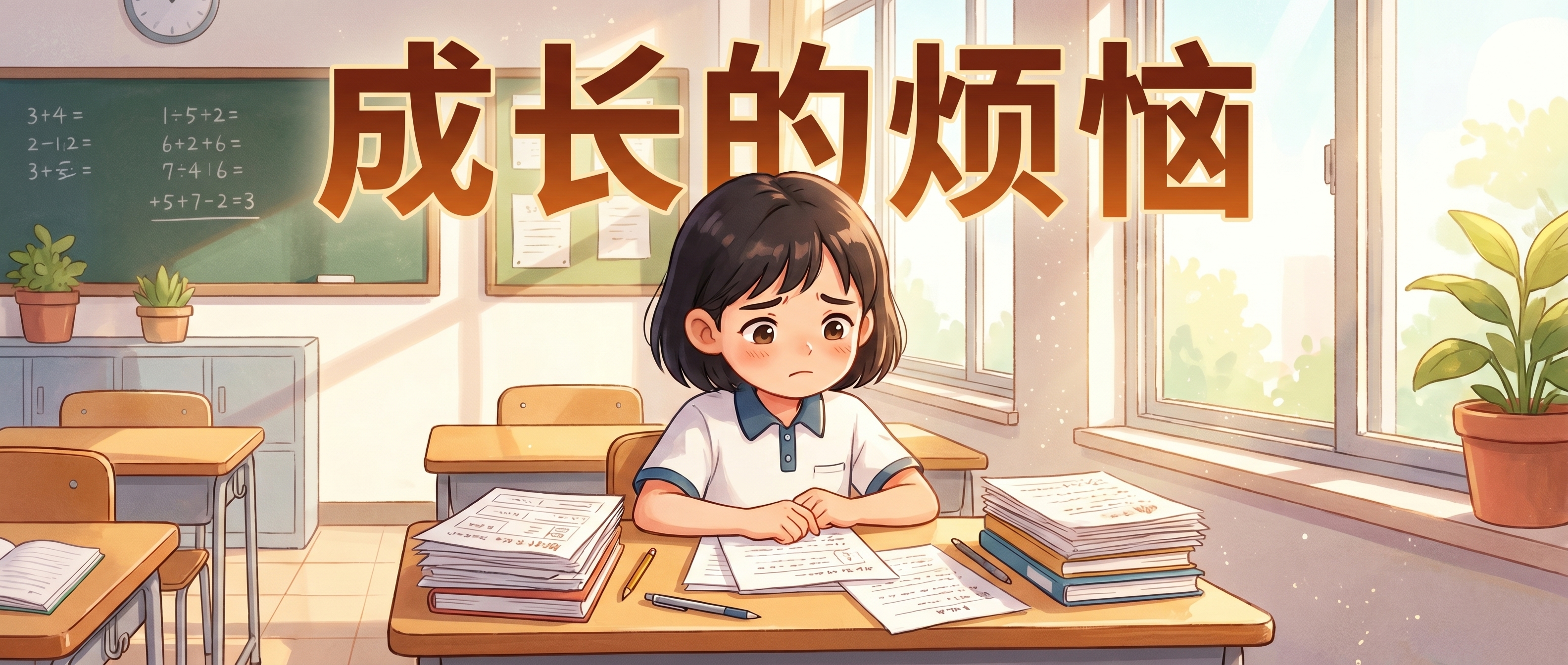 参考附件卡通插画风格，高年级小学生坐在书桌前，面前放着试卷和书… - 图片创意预览
